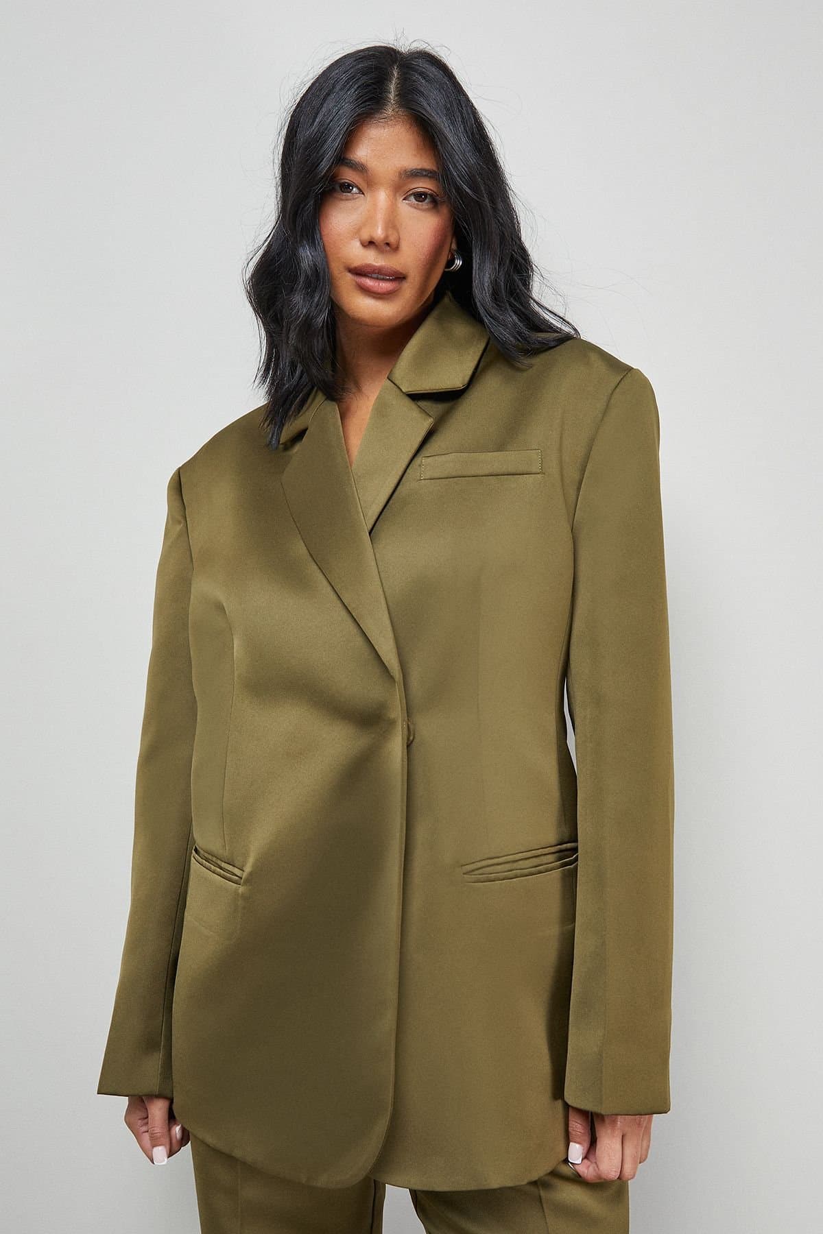 Warehouse Warehouse Women's Premium Satin Oversized Blazer Co-ord in Olive