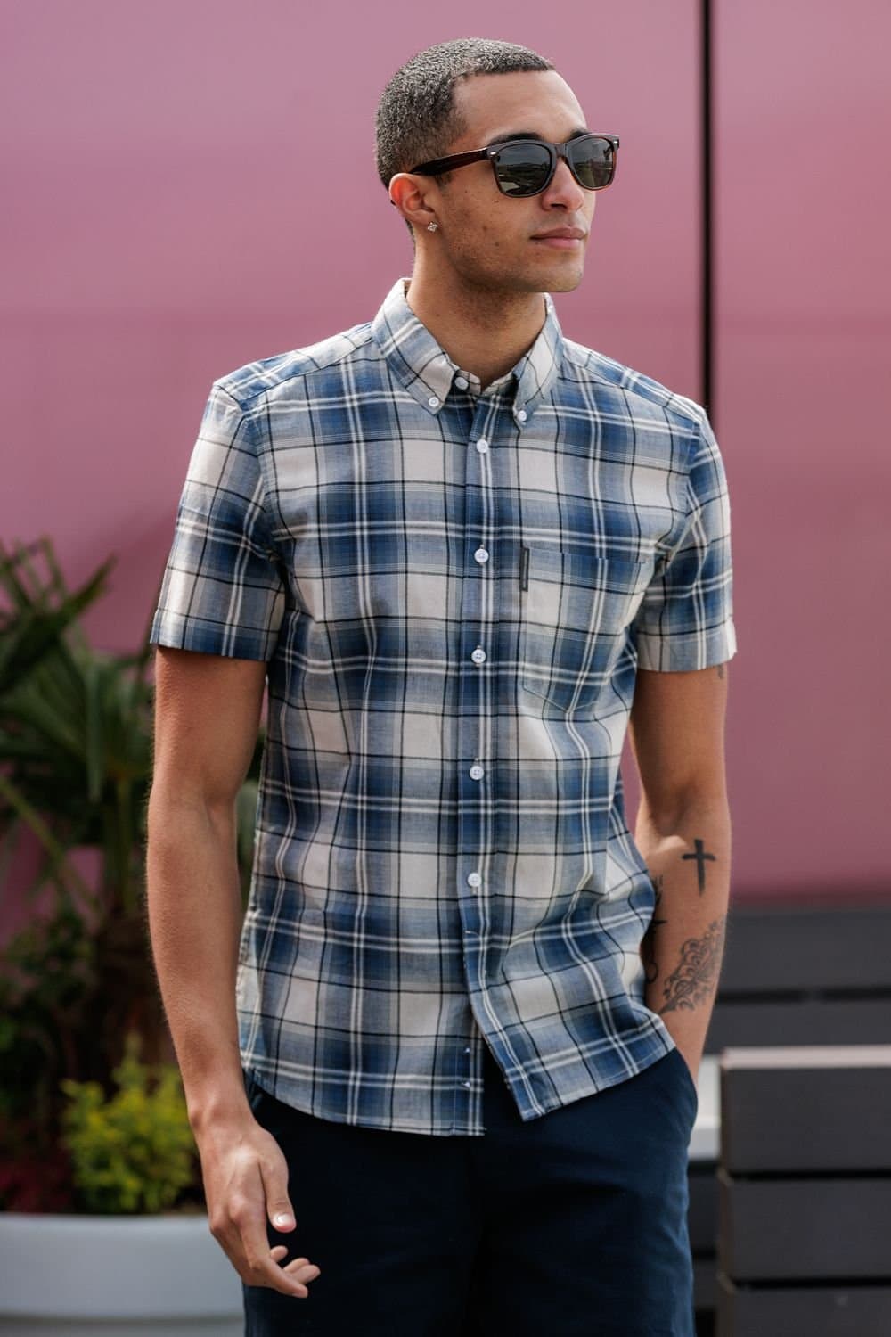 French Connection French Connection Men's Cotton Short Sleeve Checked Chest Pocket Shirt in Blue