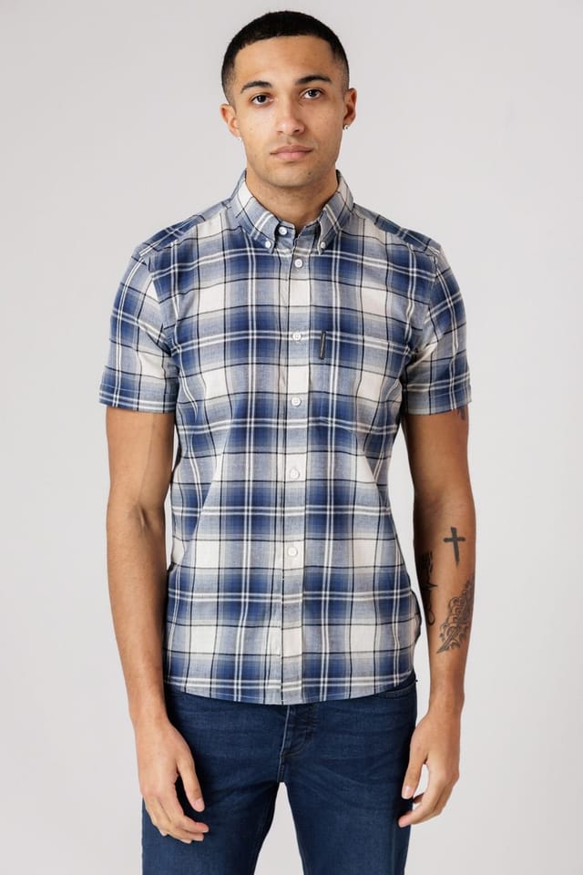 French Connection French Connection Men's Cotton Short Sleeve Checked Chest Pocket Shirt in Blue - 2