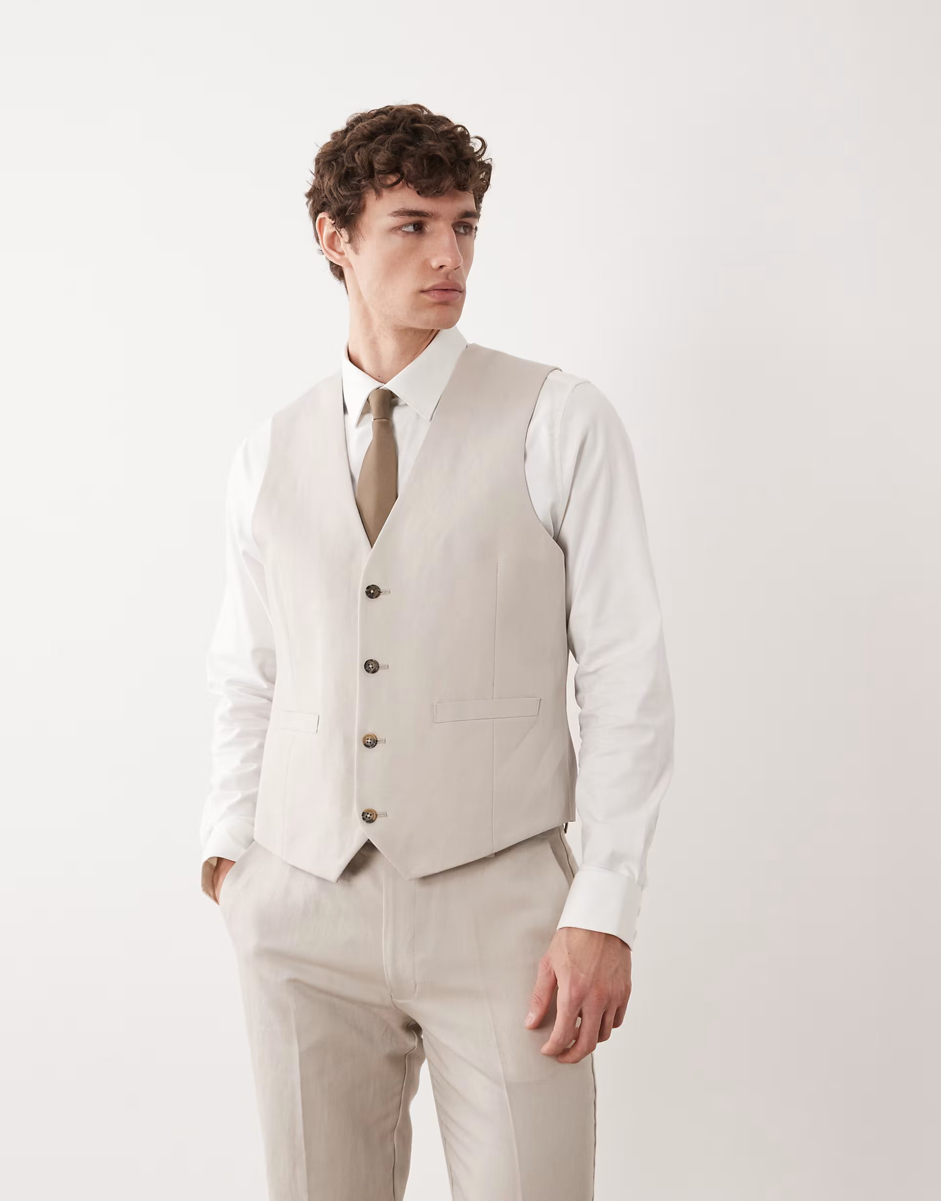 ASOS ASOS DESIGN slim suit waistcoat in linen rich stone twill - 1