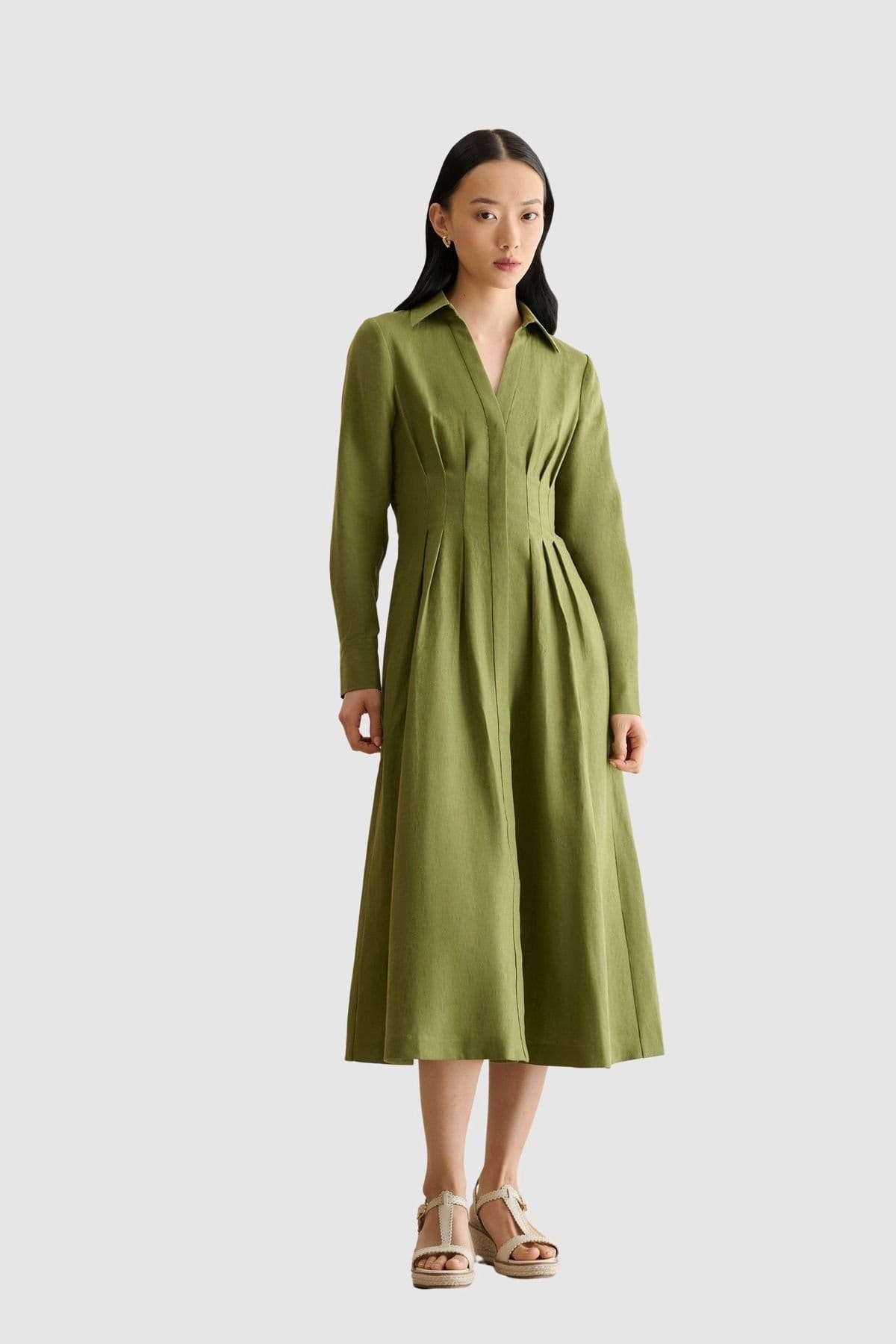 Hobbs London Olive Linen Midi Dress