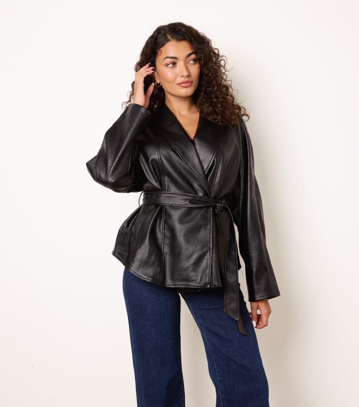 Blue Vanilla Women's Black Faux Leather Peplum Wrap Waist Belted Jacket Blue Vanilla New Look