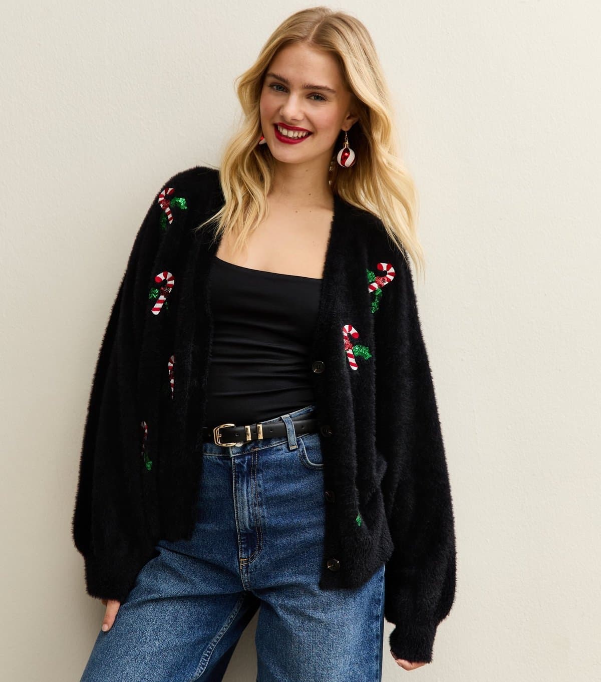 Sunshine Soul Women's Black Candy Cane Embroidered Cardigan Sunshine Soul New Look