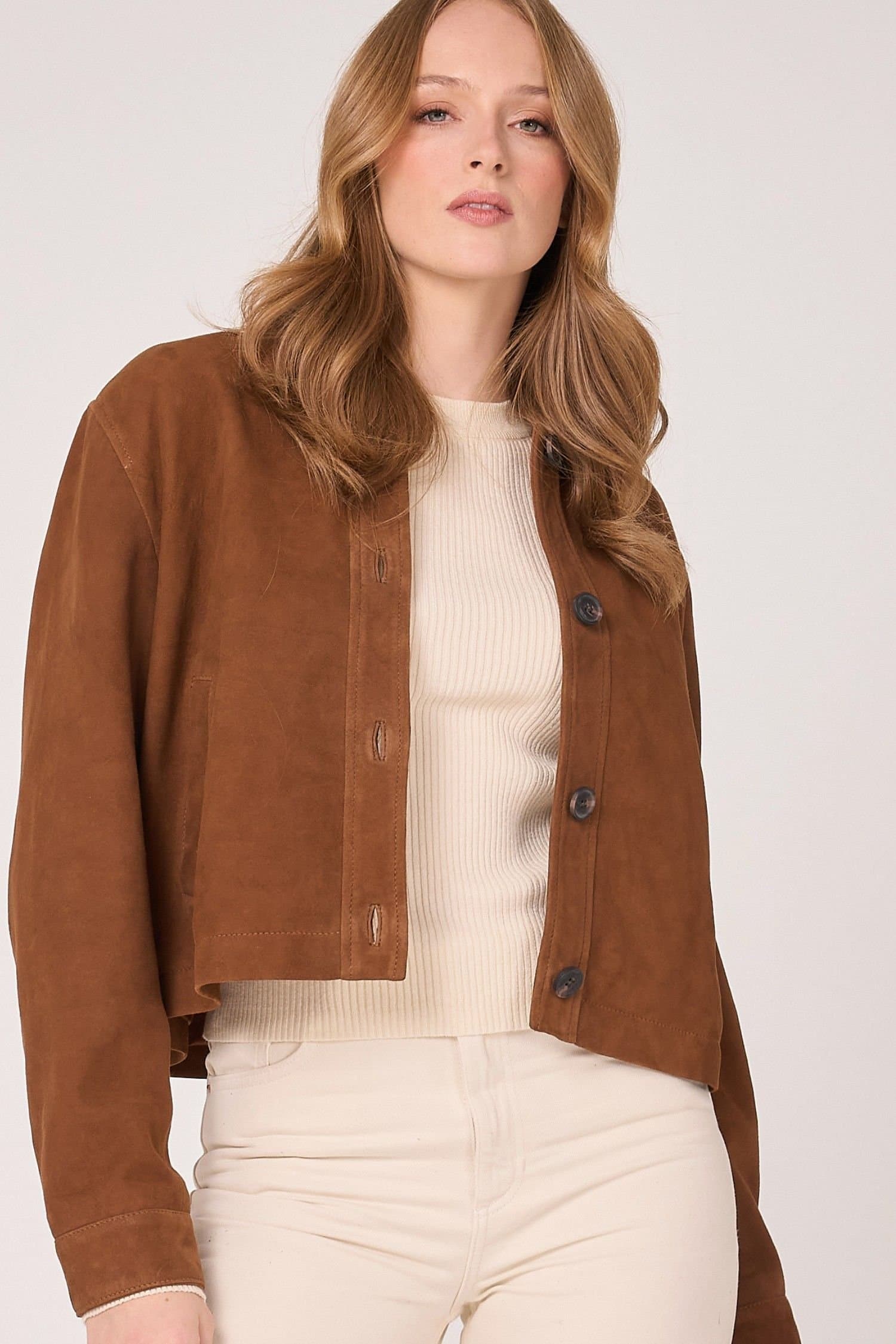 Barneys Originals Barneys Originals Women's Real Suede Cropped Harrington in Tan