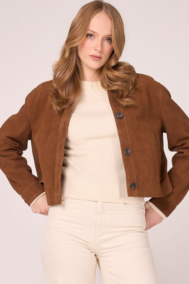 Barneys Originals Barneys Originals Women's Real Suede Cropped Harrington in Tan - 2