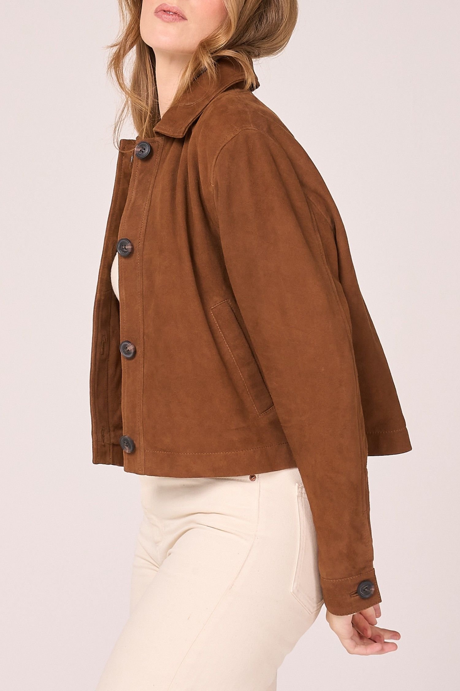 Barneys Originals Barneys Originals Women's Real Suede Cropped Harrington in Tan - 3