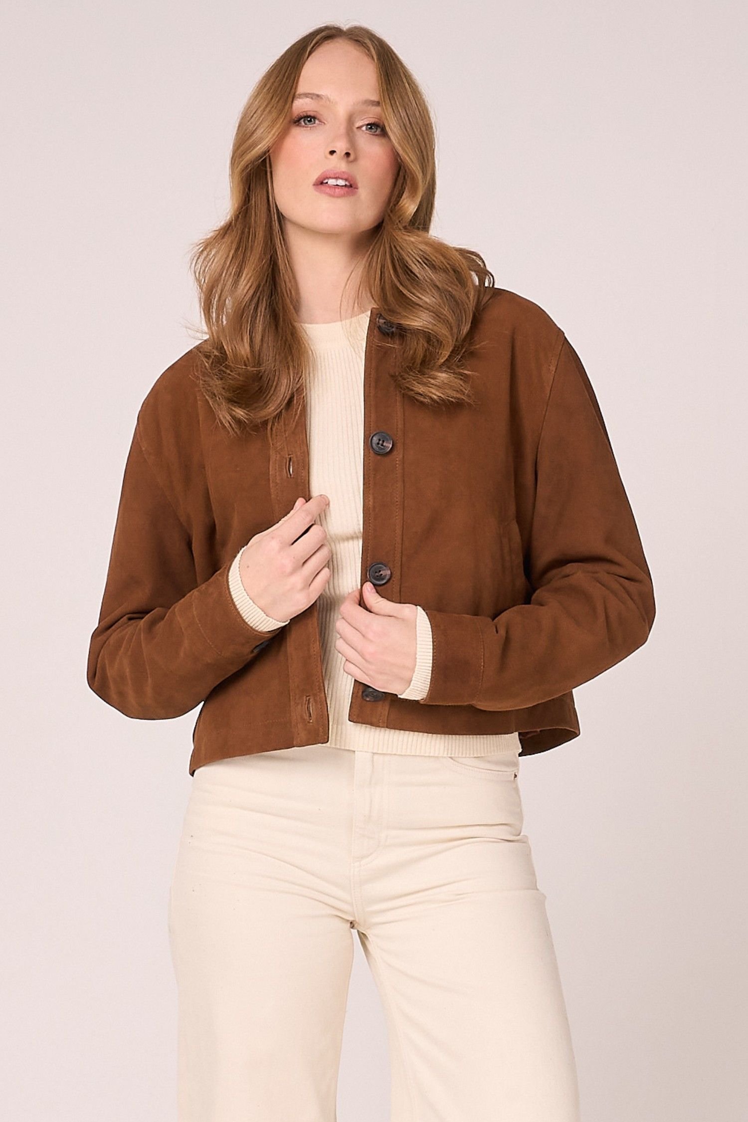 Barneys Originals Barneys Originals Women's Real Suede Cropped Harrington in Tan - 4