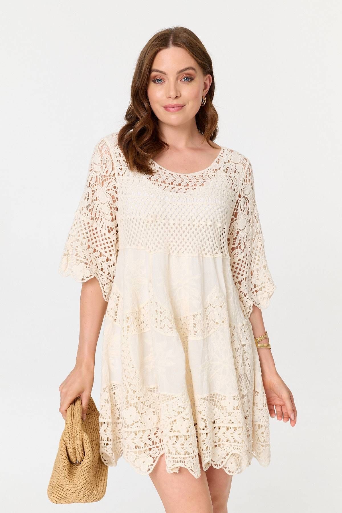 Izabel London Izabel London Women's Semi Sheer Crochet Texture Short Dress in White - 1