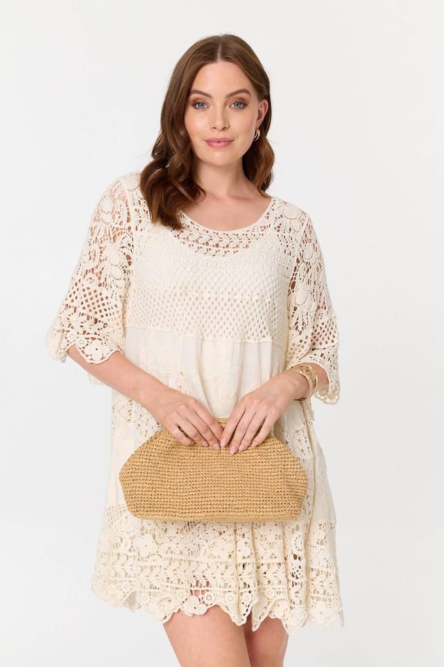 Izabel London Izabel London Women's Semi Sheer Crochet Texture Short Dress in White - 2