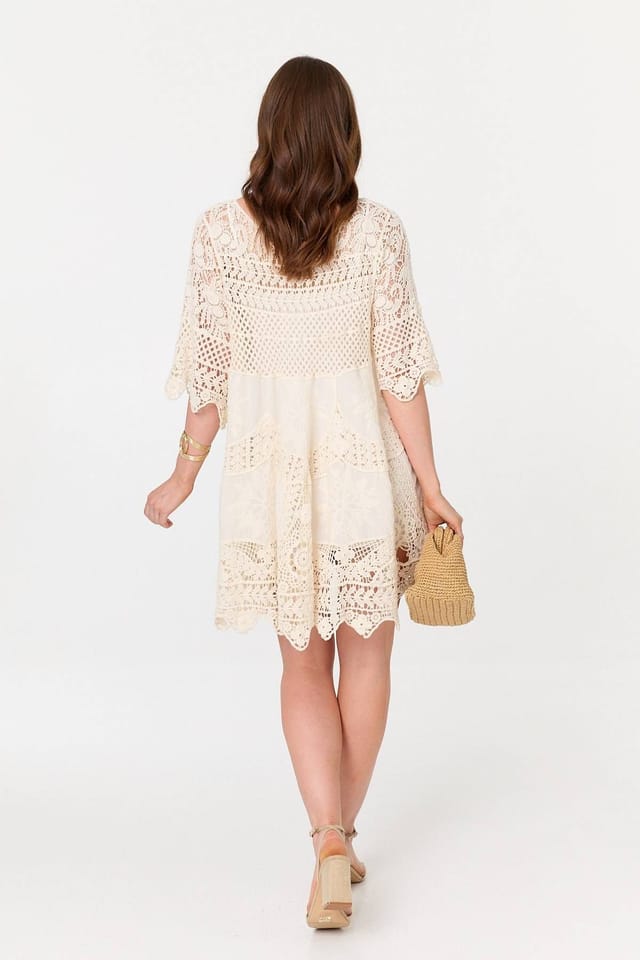 Izabel London Izabel London Women's Semi Sheer Crochet Texture Short Dress in White - 3