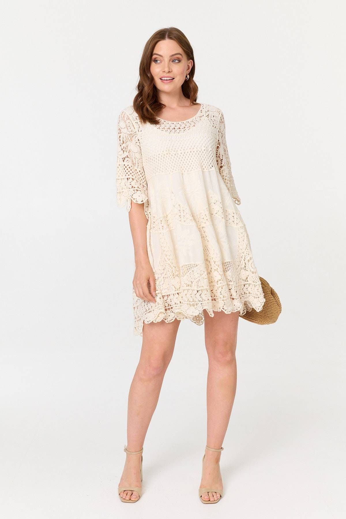 Izabel London Izabel London Women's Semi Sheer Crochet Texture Short Dress in White - 4