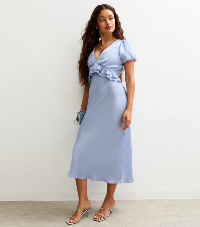New Look Women's Petite Blue Satin Ruffle Trim Midi Dress New Look - 3