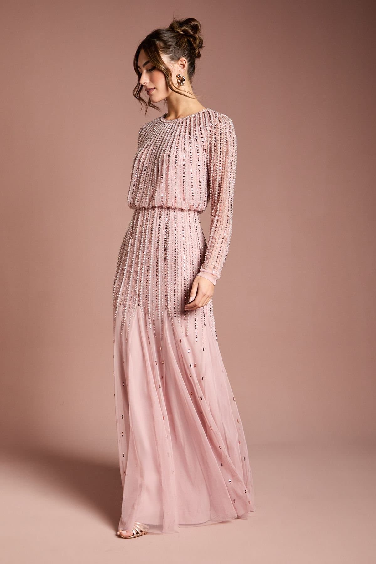 Coast Coast Women's Linear Sequin Embellished Long Sleeve Maxi Dress in Blush