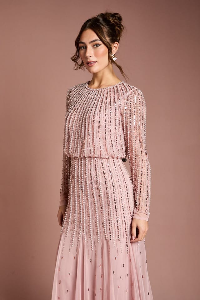 Coast Coast Women's Linear Sequin Embellished Long Sleeve Maxi Dress in Blush - 2