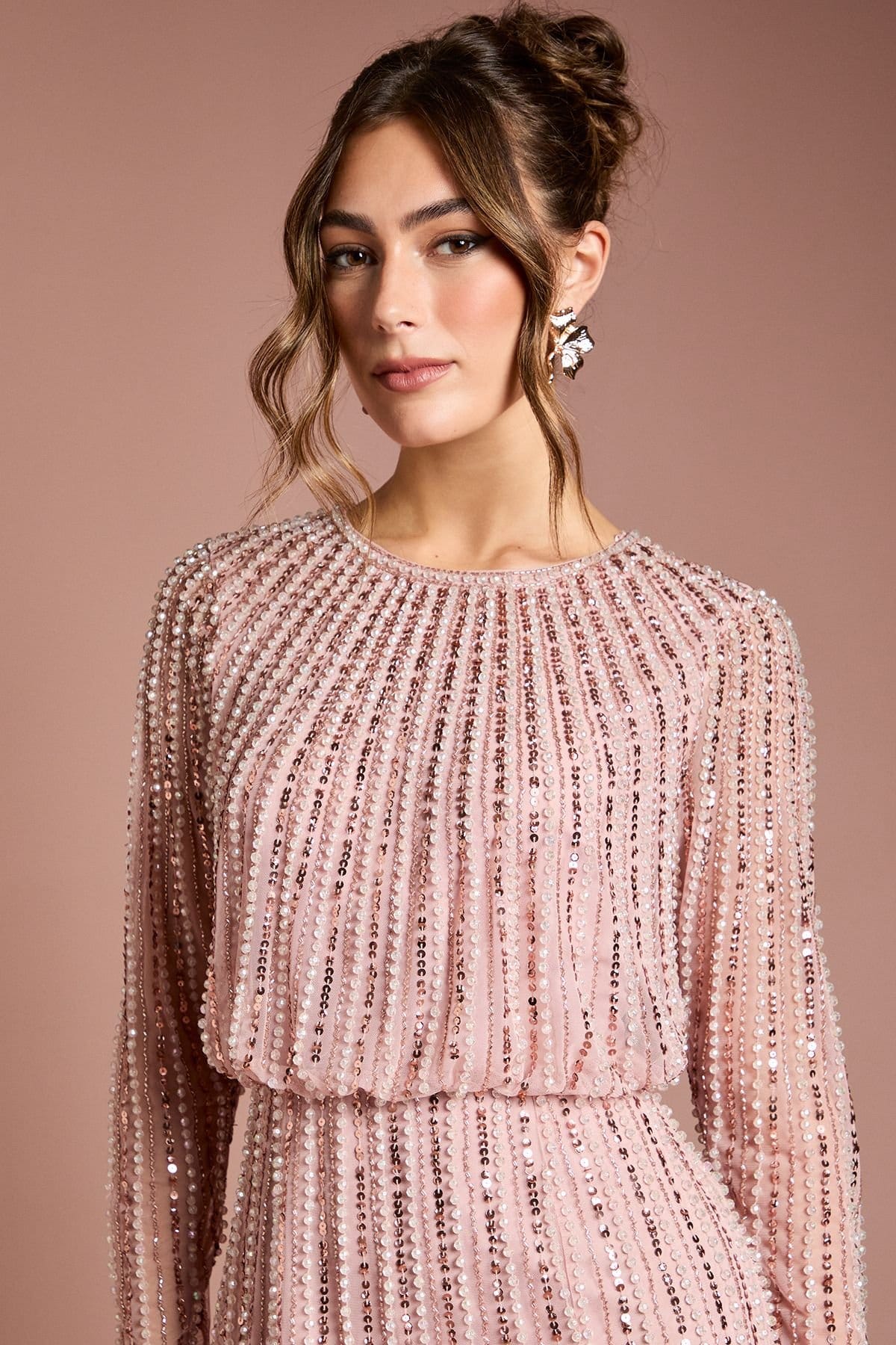 Coast Coast Women's Linear Sequin Embellished Long Sleeve Maxi Dress in Blush - 4