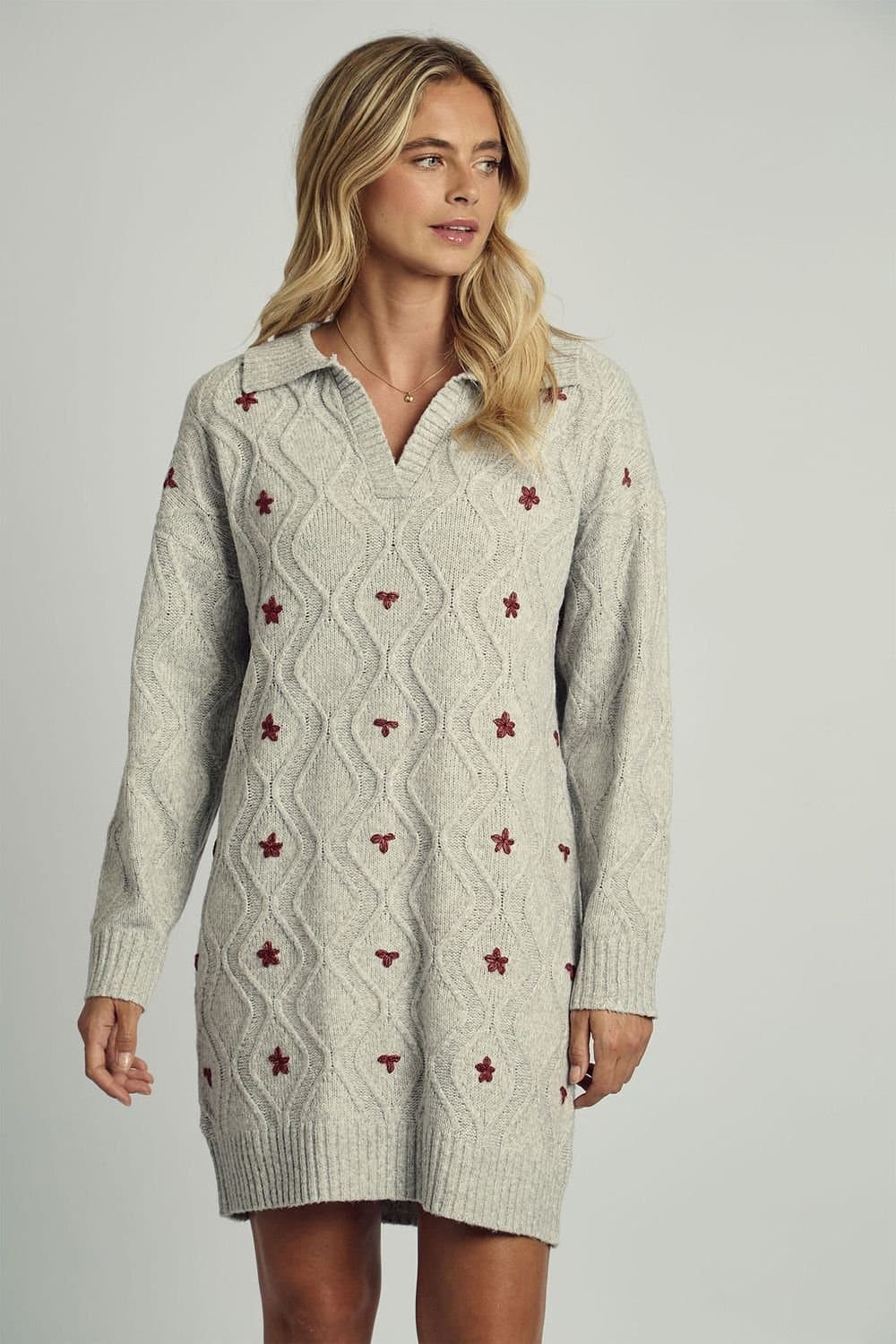 Native Youth Native Youth Women's Floral Embroidered V-Neck Knitted Jumper Mini Dress in Grey