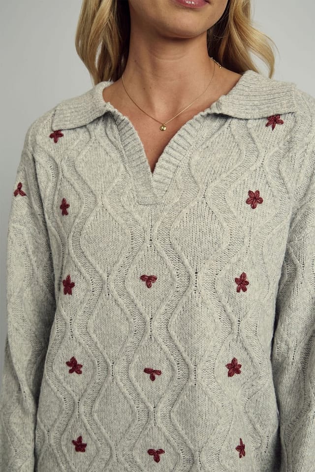 Native Youth Native Youth Women's Floral Embroidered V-Neck Knitted Jumper Mini Dress in Grey - 3