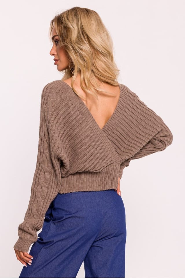 Love Lace Love Lace Women's Ribbed Wrap Over Short Sweater with Deep V Neck in Brown - 3