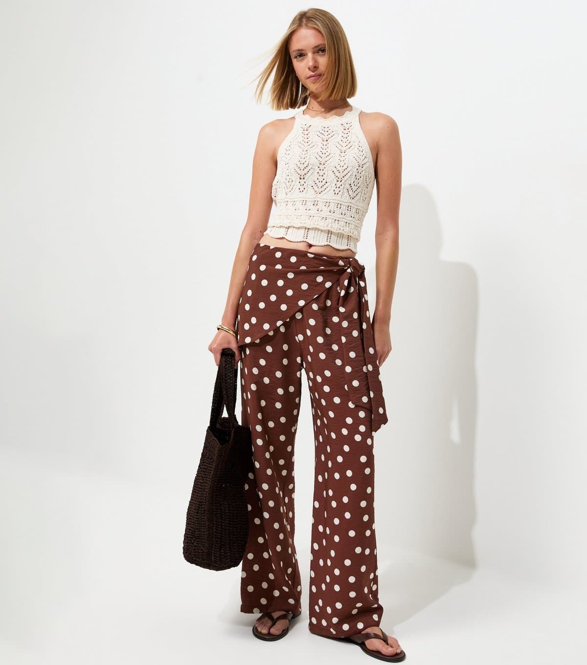 New Look Women's Brown Polka Dot Tie Waist Wide Leg Trousers New Look
