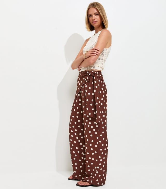 New Look Women's Brown Polka Dot Tie Waist Wide Leg Trousers New Look - 3