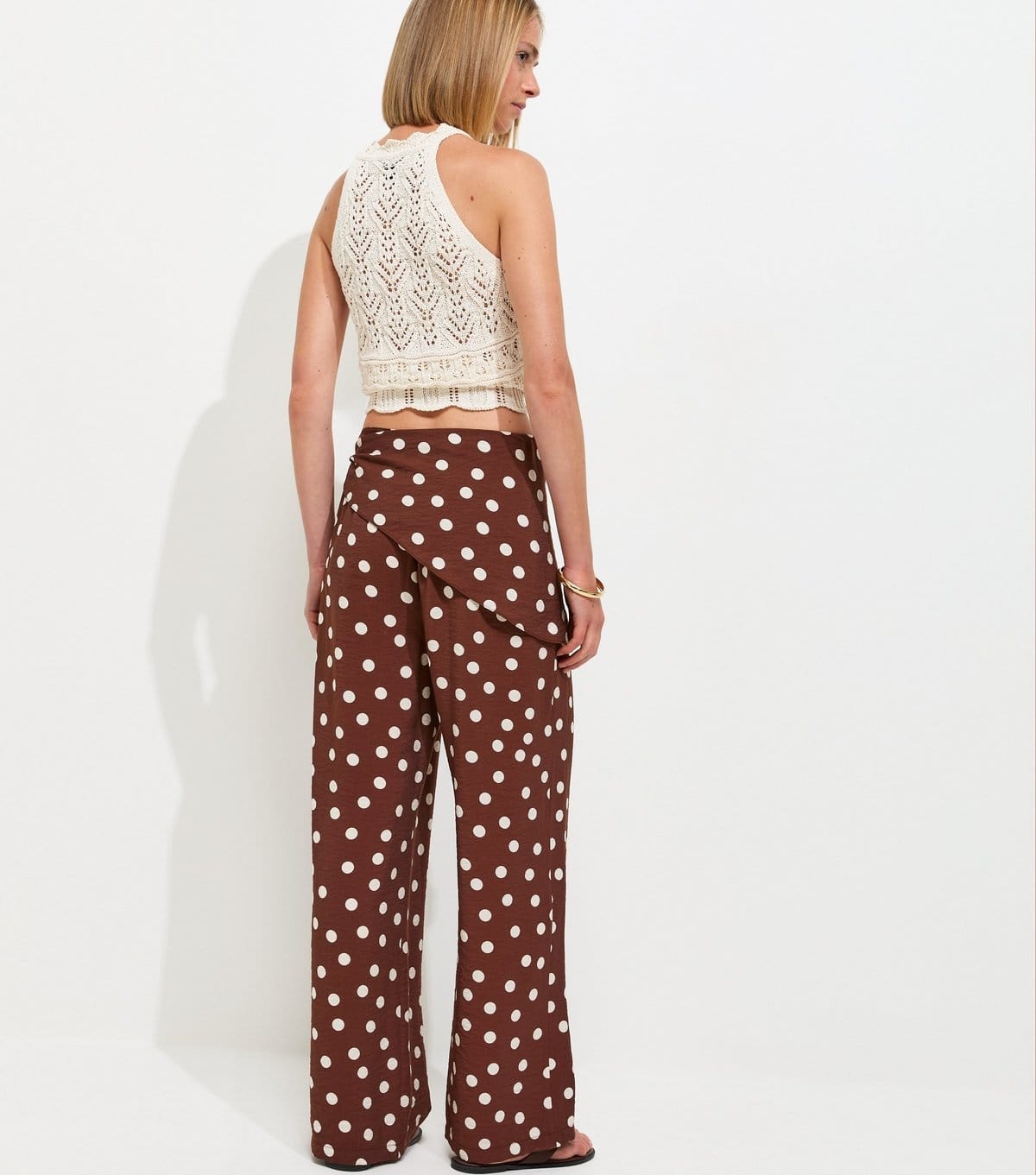 New Look Women's Brown Polka Dot Tie Waist Wide Leg Trousers New Look - 4