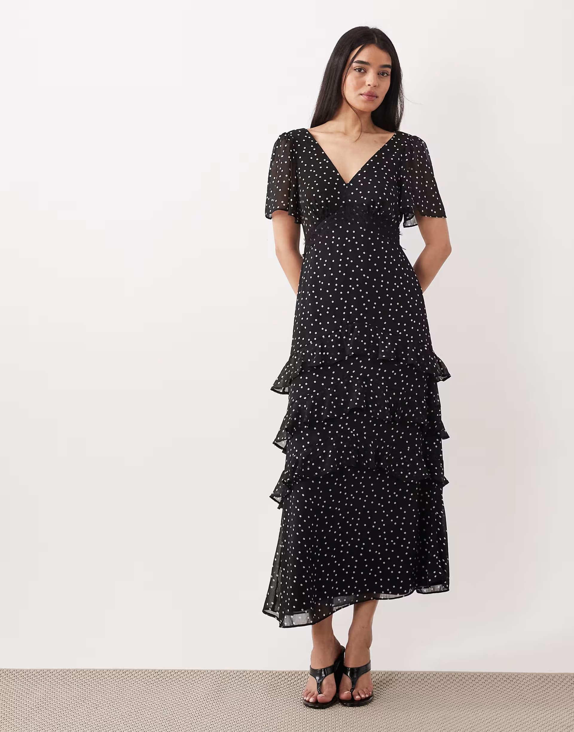 ASOS New Look chiffon tiered polka dot maxi dress in black