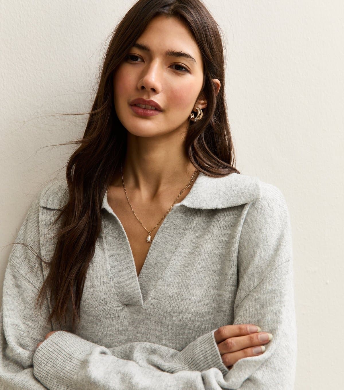 New Look Women's Light Grey Open Collar Polo Jumper New Look