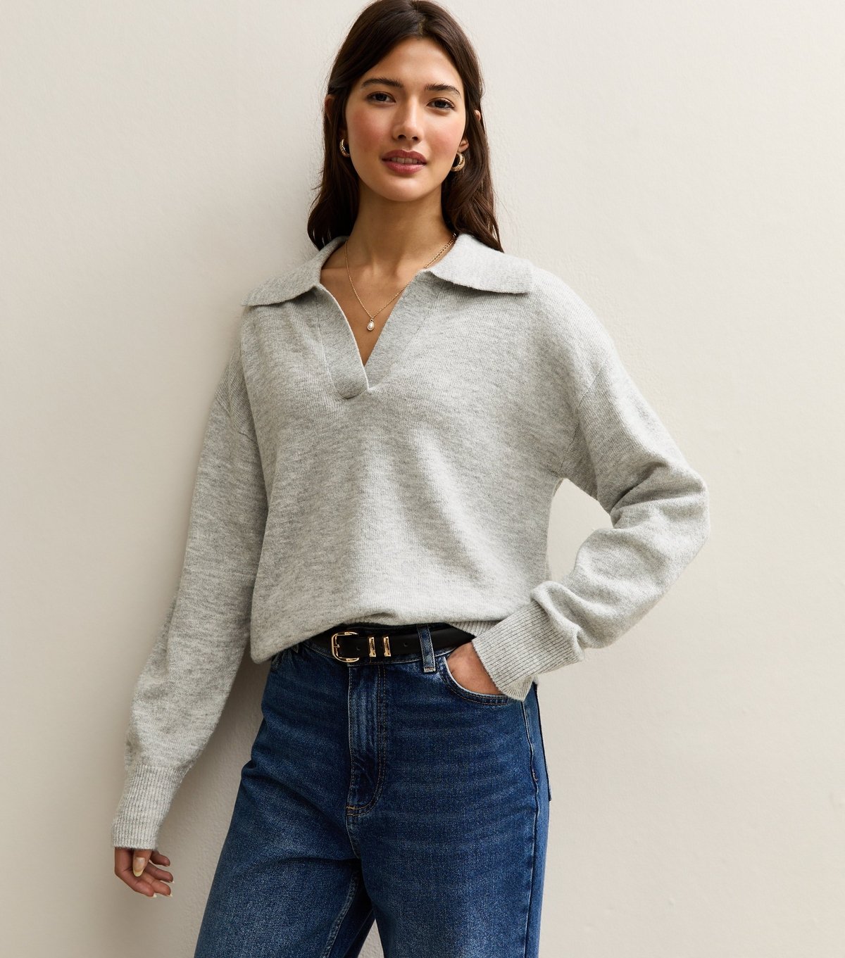 New Look Women's Light Grey Open Collar Polo Jumper New Look - 2