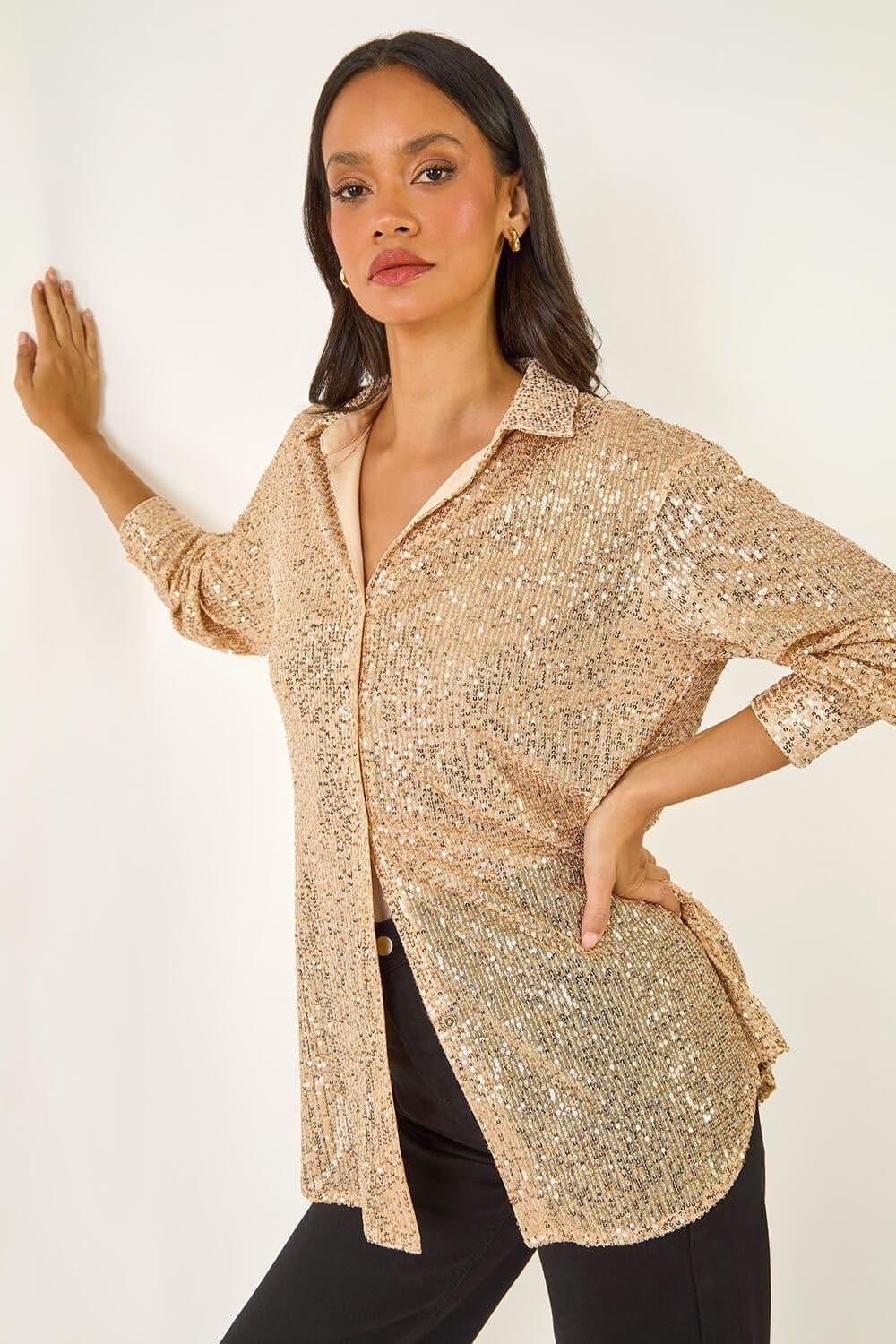 Dusk Dusk Women's Sequin Button Through Blouse in Gold