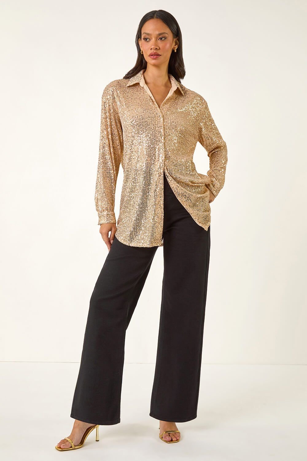 Dusk Dusk Women's Sequin Button Through Blouse in Gold - 2