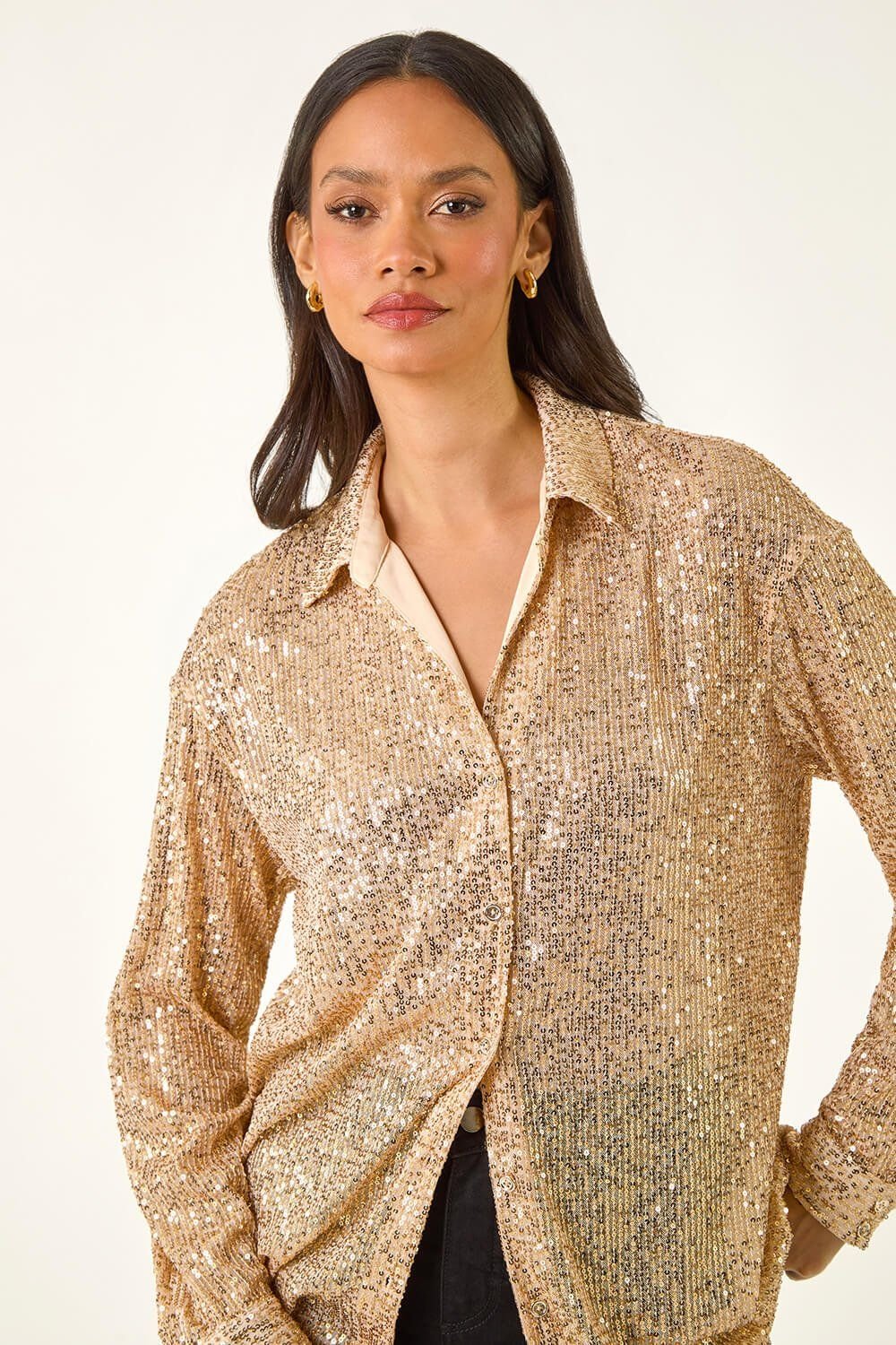 Dusk Dusk Women's Sequin Button Through Blouse in Gold - 4
