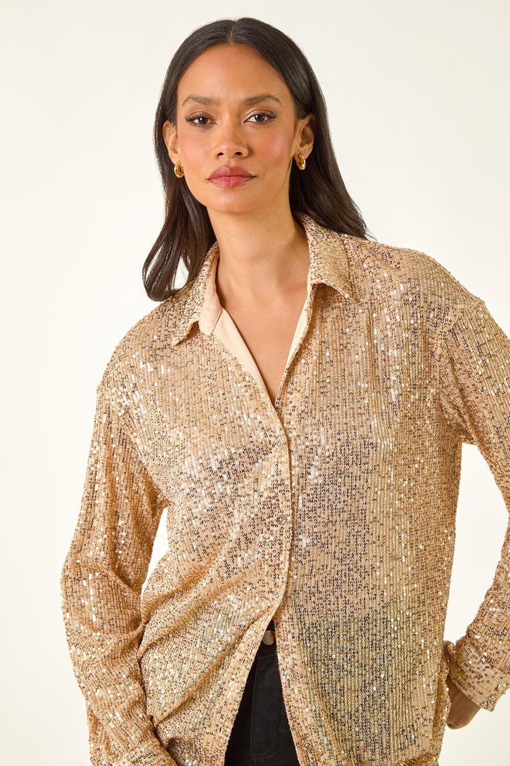 Dusk Dusk Women's Sequin Button Through Blouse in Gold - 4