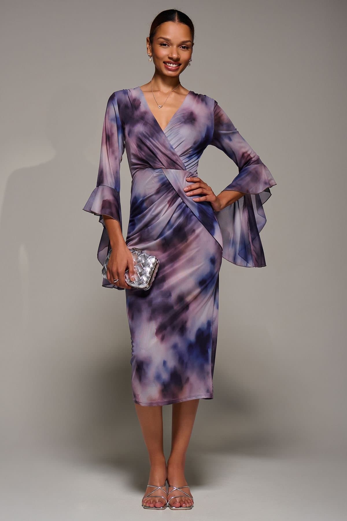 Jolie Moi Jolie Moi Women's Ruffle Sleeve Ruched Mesh Bodycon Dress in Purple