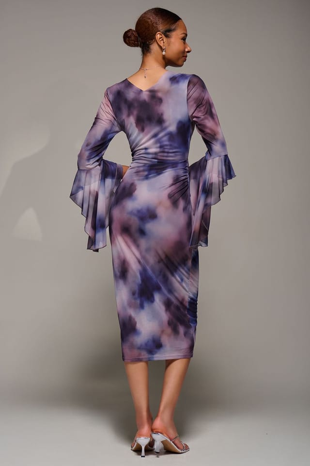 Jolie Moi Jolie Moi Women's Ruffle Sleeve Ruched Mesh Bodycon Dress in Purple - 2