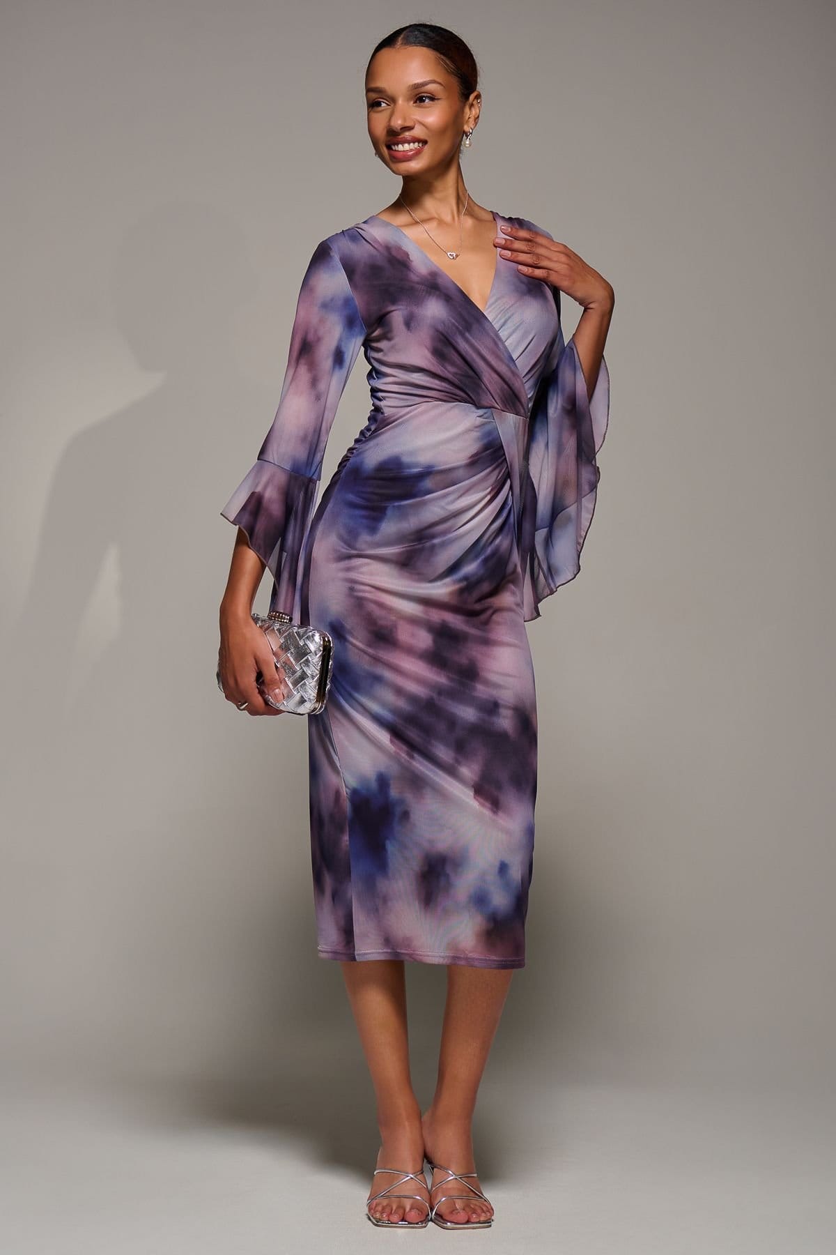 Jolie Moi Jolie Moi Women's Ruffle Sleeve Ruched Mesh Bodycon Dress in Purple - 4