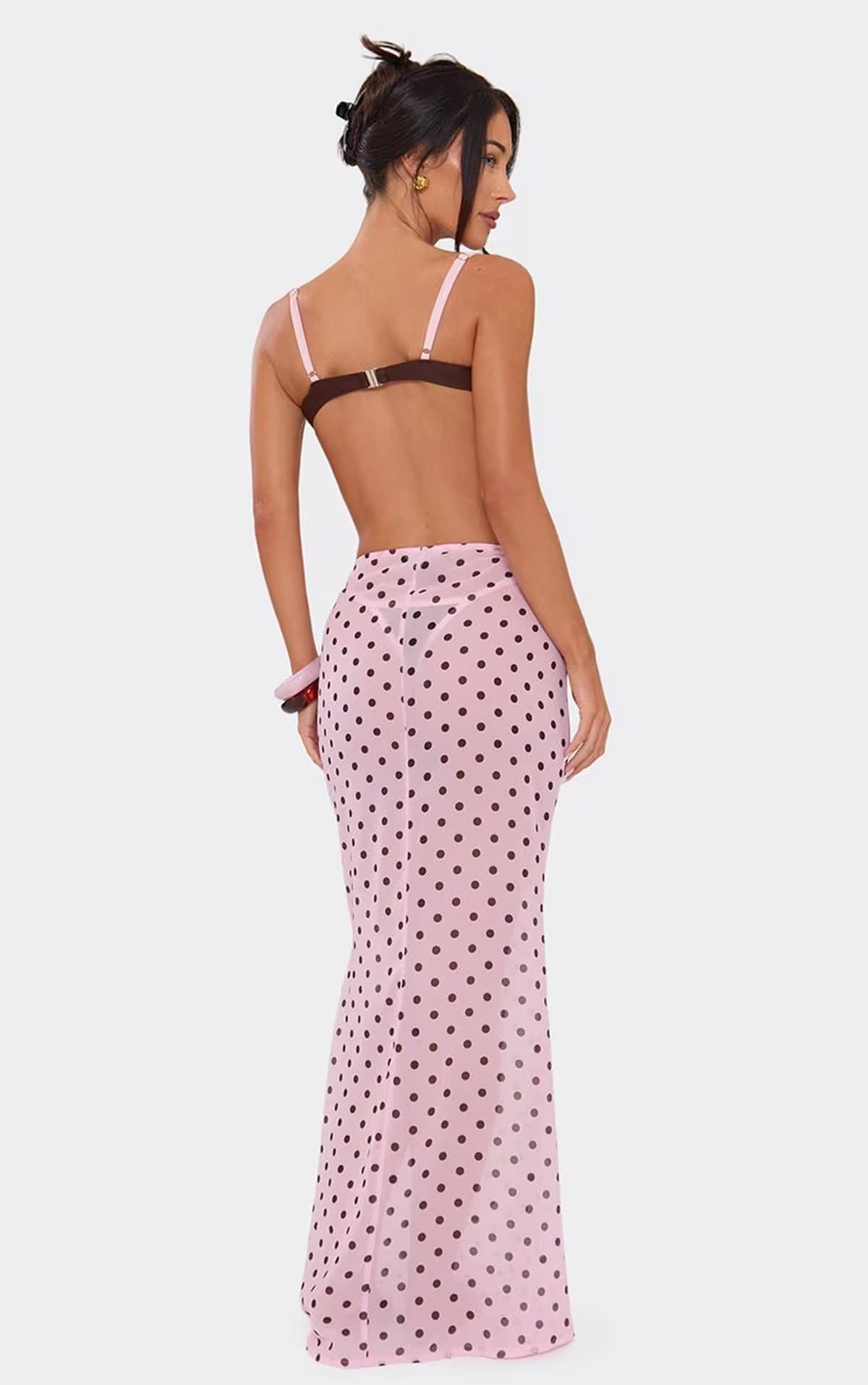 EGO Low Waist Tie Side Fishtail Beach Maxi Skirt In Pink Polka Dot, Women's Size UK 6