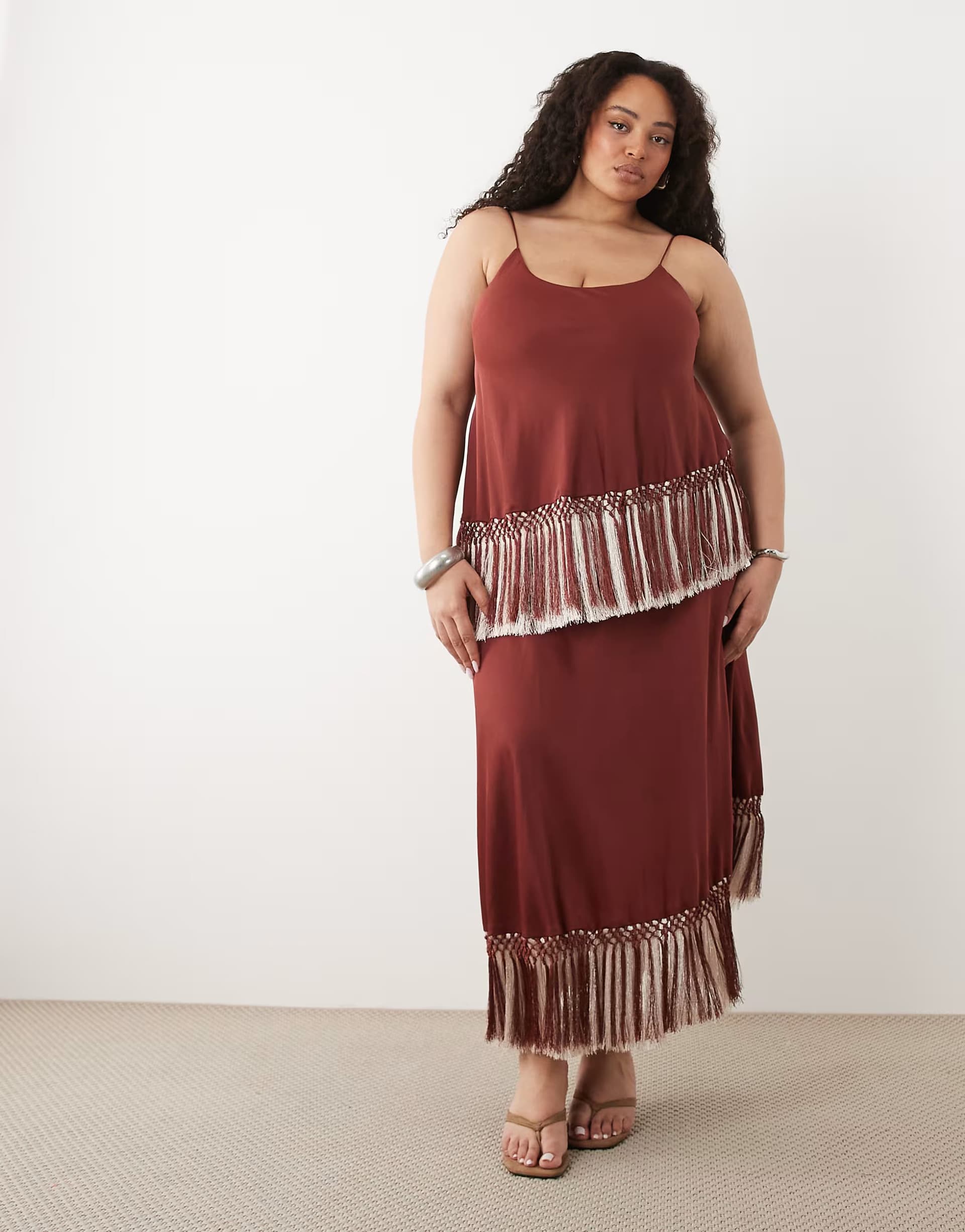 ASOS ASOS DESIGN Curve double tier layered two tone fringe satin cami maxi dress in burgundy
