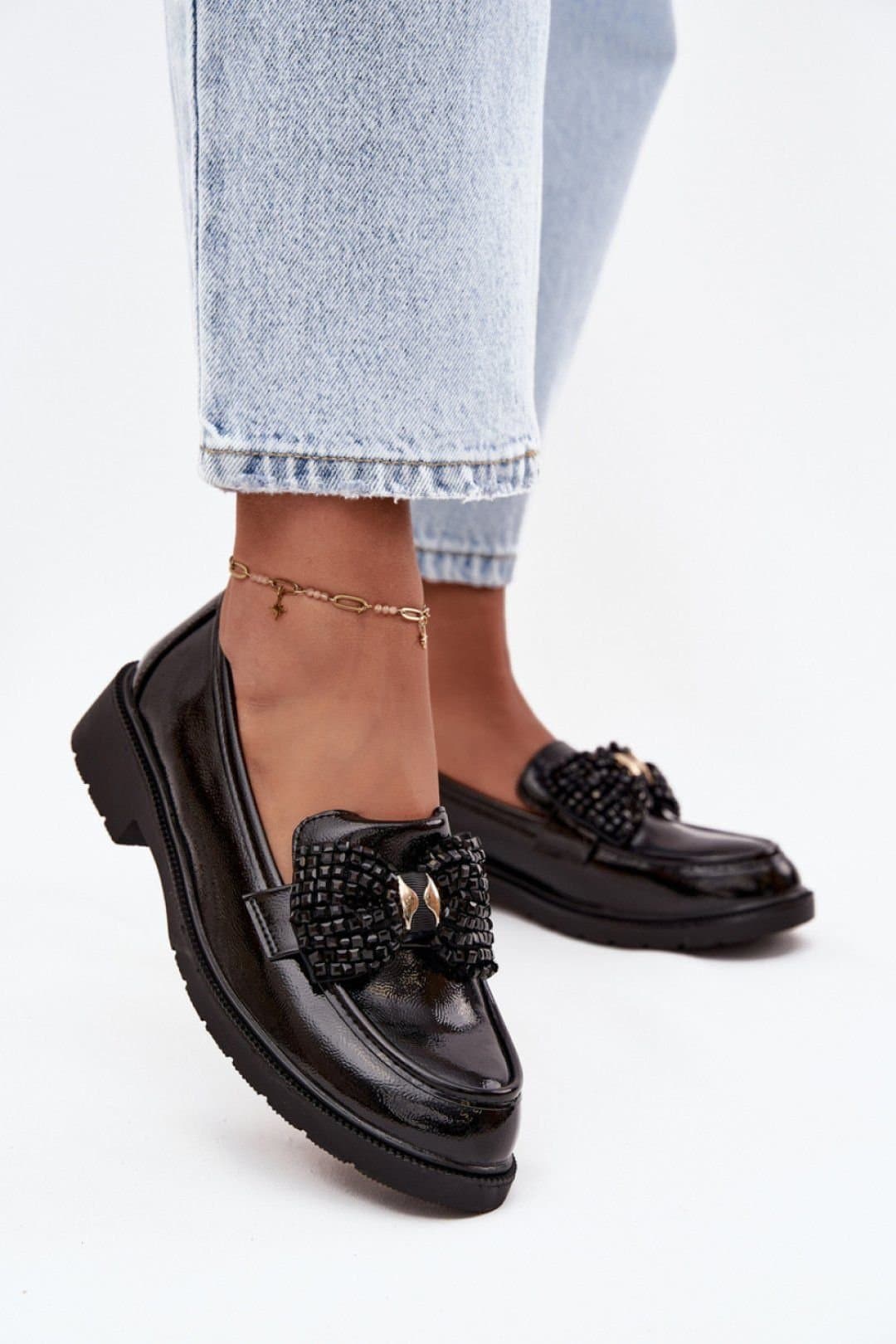 Love Lace Love Lace Black Patent Leather Moccasin Bow Loafer Shoes