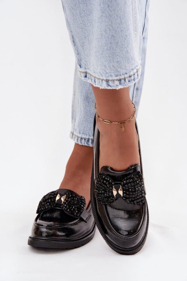 Love Lace Love Lace Women's Moccasin Bow Loafer Shoes with Rounded Toe Flat Heel Comfort in Black - 3