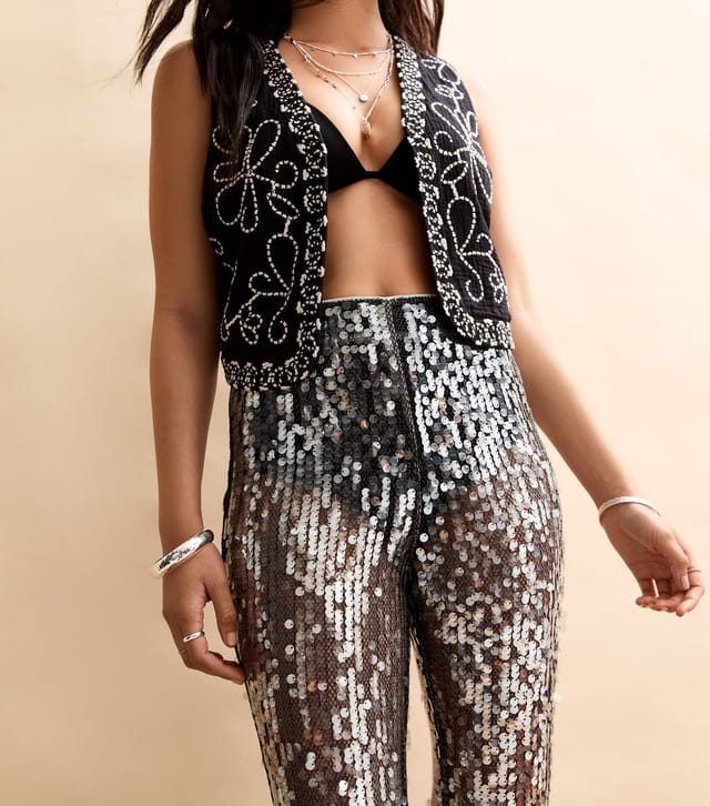 New Look Women's Silver Semi Sheer Kick Flare Sequin Trousers New Look - 3