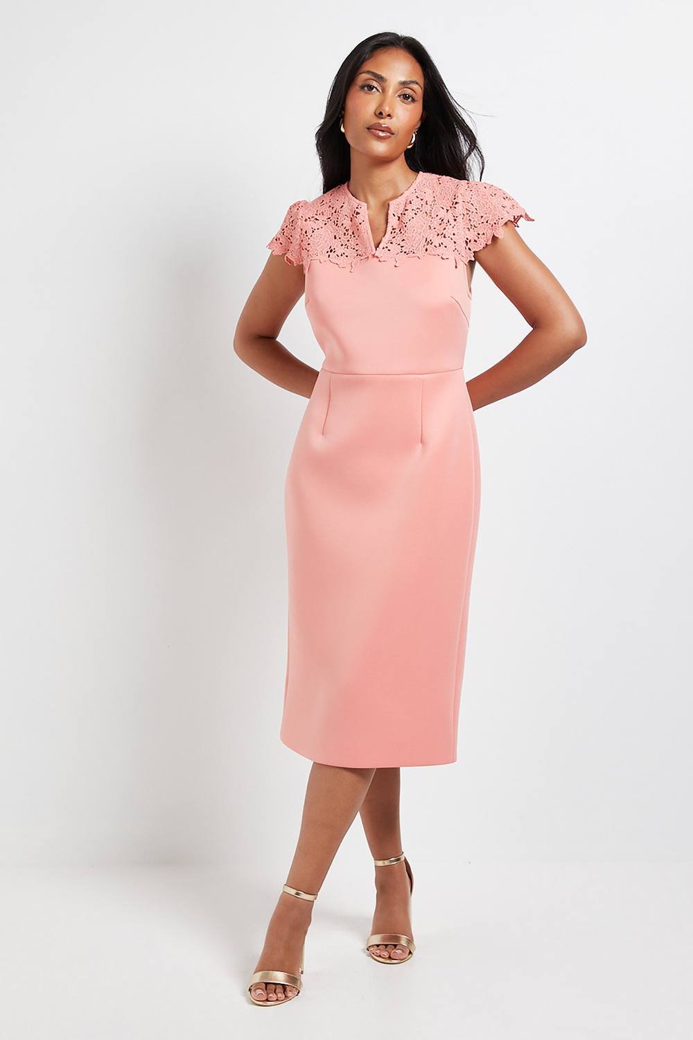 Wallis Wallis Women's Petite Scuba Lace Sleeve Pencil Dress in Coral - 2