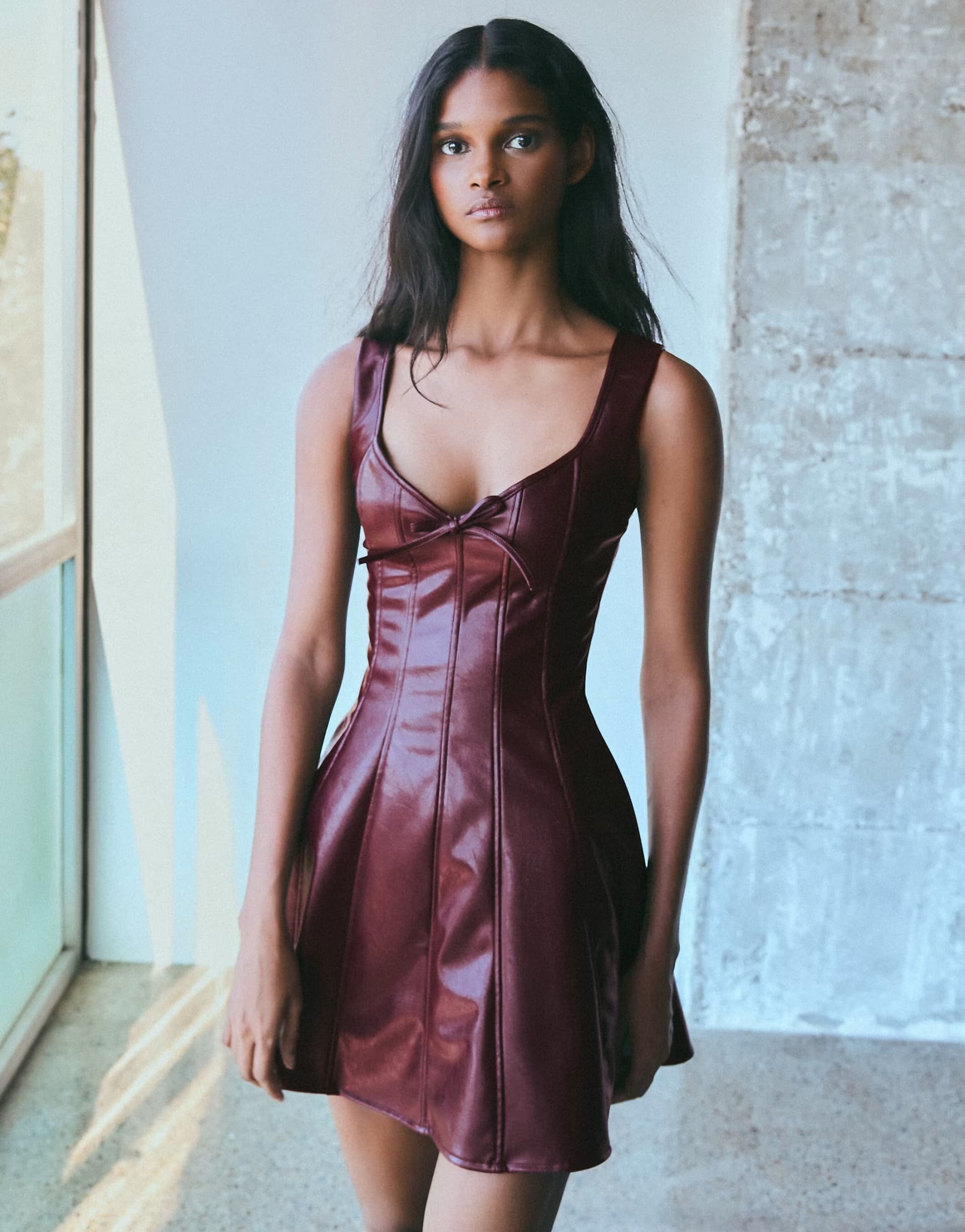 ASOS Bershka Leather effect strappy mini dress with sweetheart neckline in burgundy