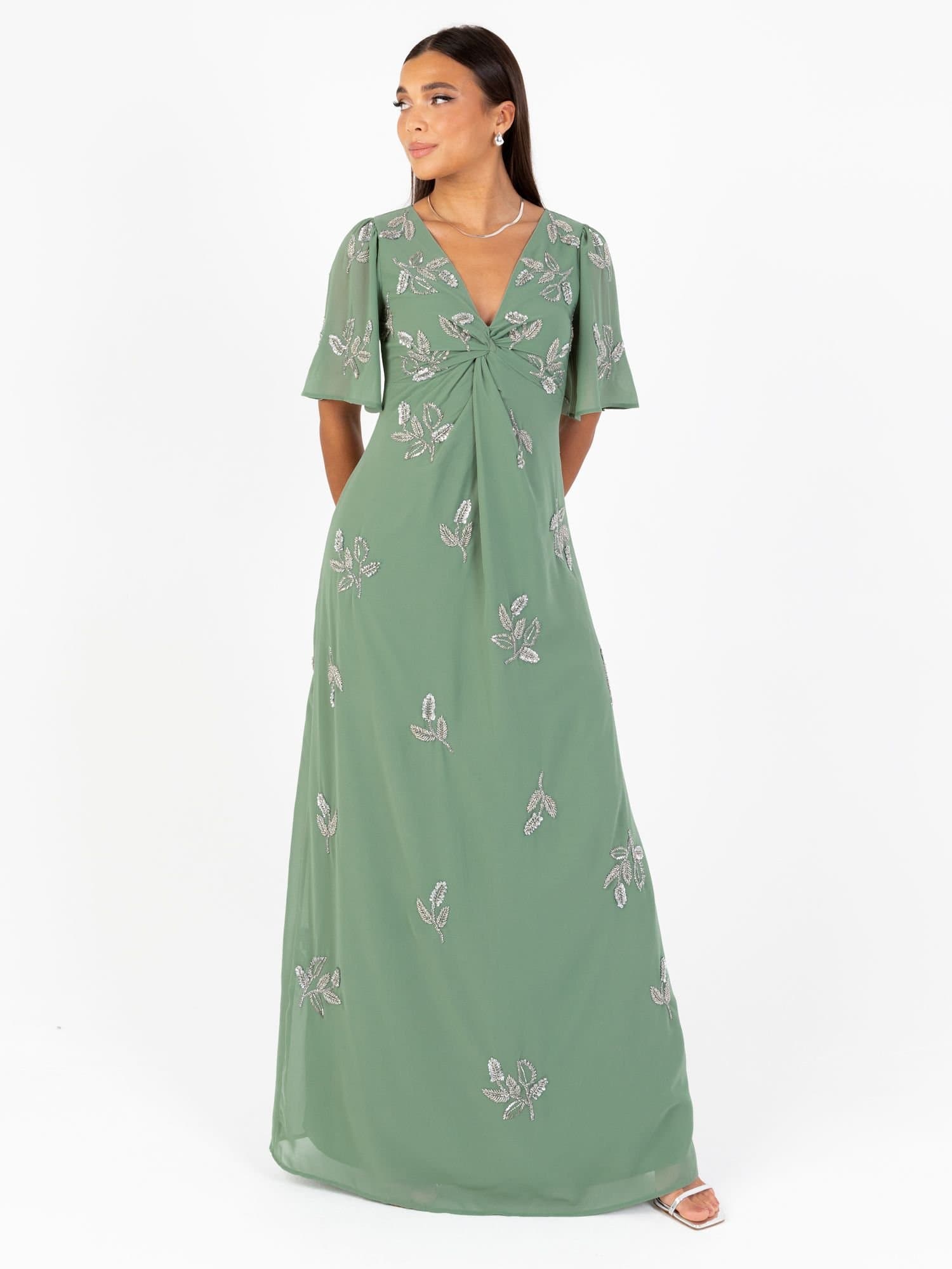 Maya Deluxe Maya Deluxe Women's Embellished Short Angel Sleeve Maxi Dress in Dark Green