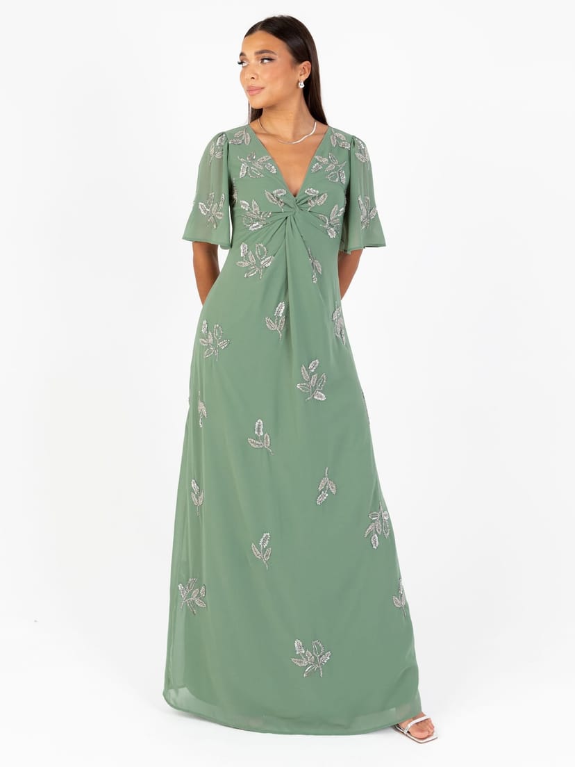 Maya Deluxe Maya Deluxe Women's Embellished Short Angel Sleeve Maxi Dress in Dark Green - 1