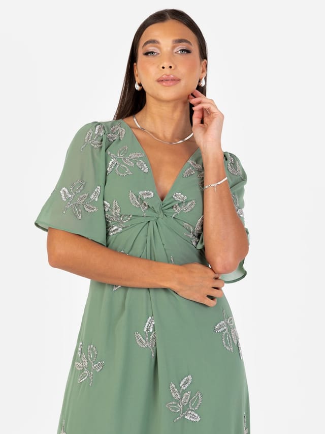 Maya Deluxe Maya Deluxe Women's Embellished Short Angel Sleeve Maxi Dress in Dark Green - 2