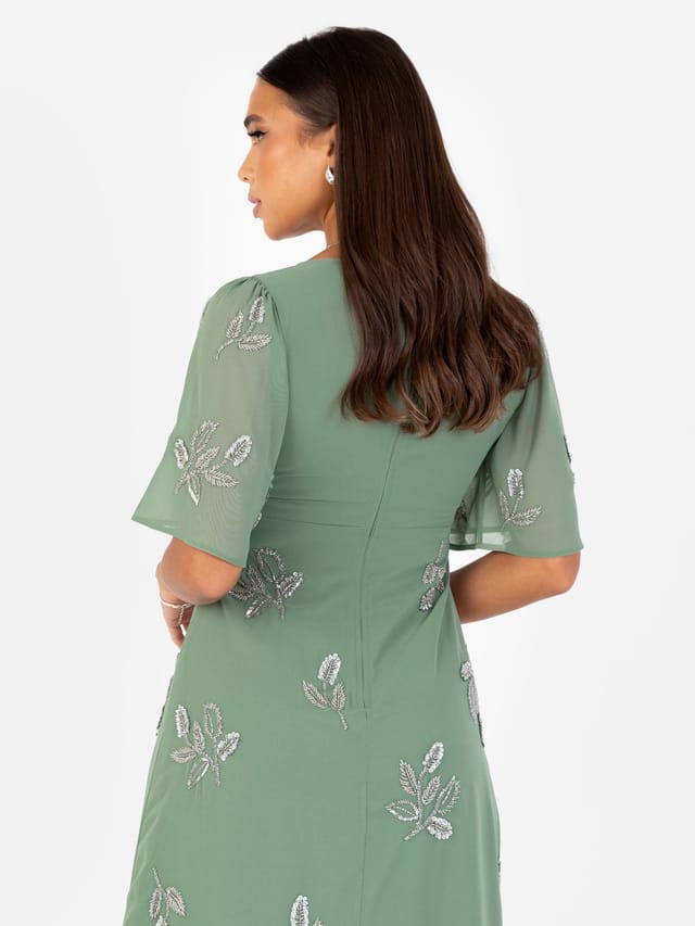 Maya Deluxe Maya Deluxe Women's Embellished Short Angel Sleeve Maxi Dress in Dark Green - 3