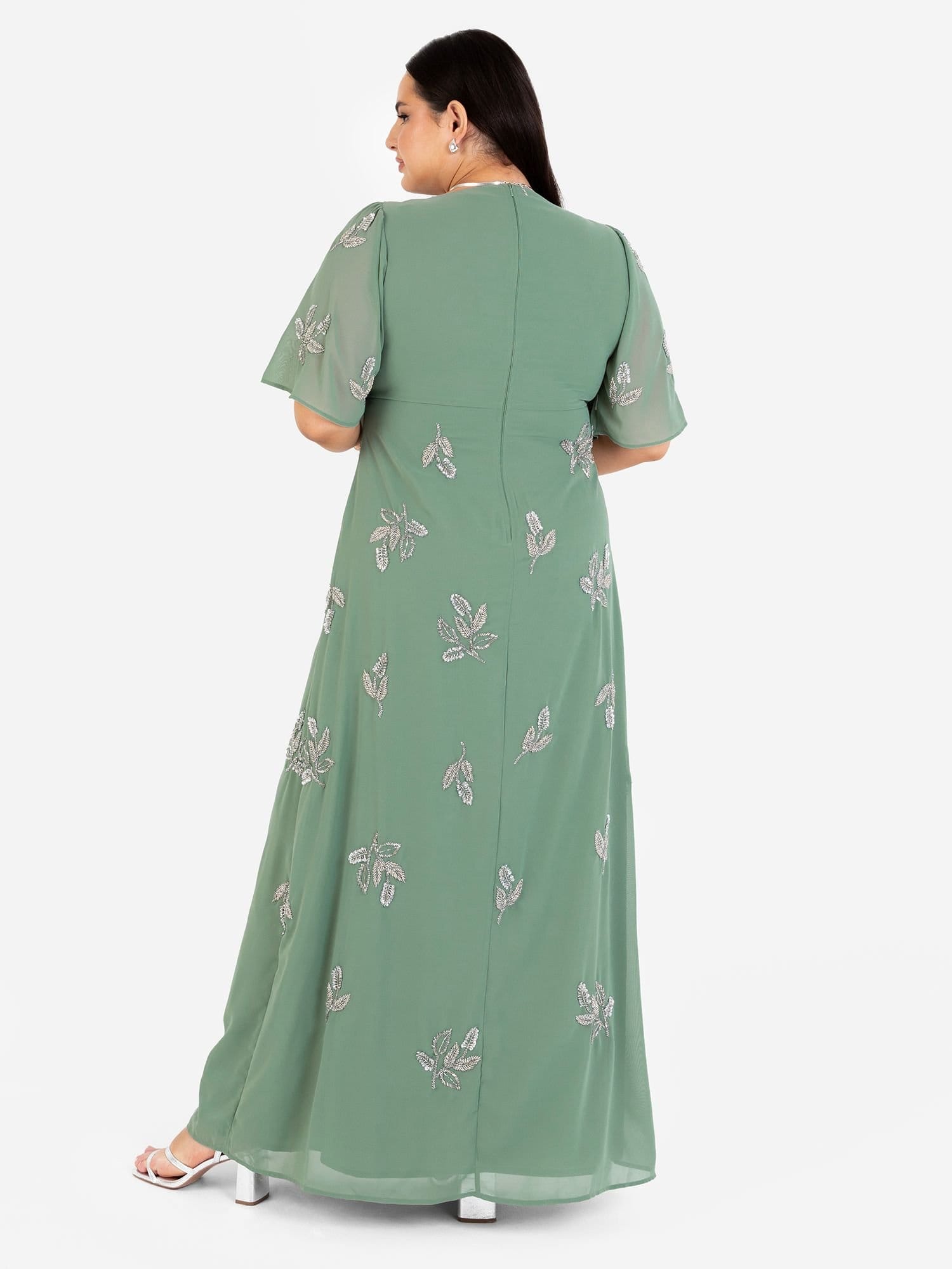Maya Deluxe Maya Deluxe Women's Embellished Short Angel Sleeve Maxi Dress in Dark Green - 4