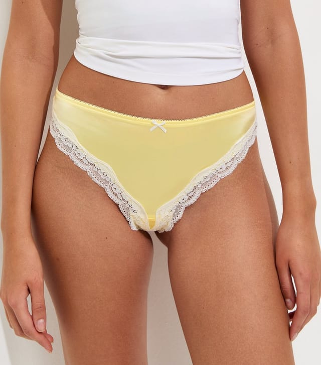 New Look Women's Light Yellow Satin Look Micro Lace Thong New Look - 2