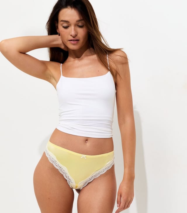 New Look Women's Light Yellow Satin Look Micro Lace Thong New Look - 3