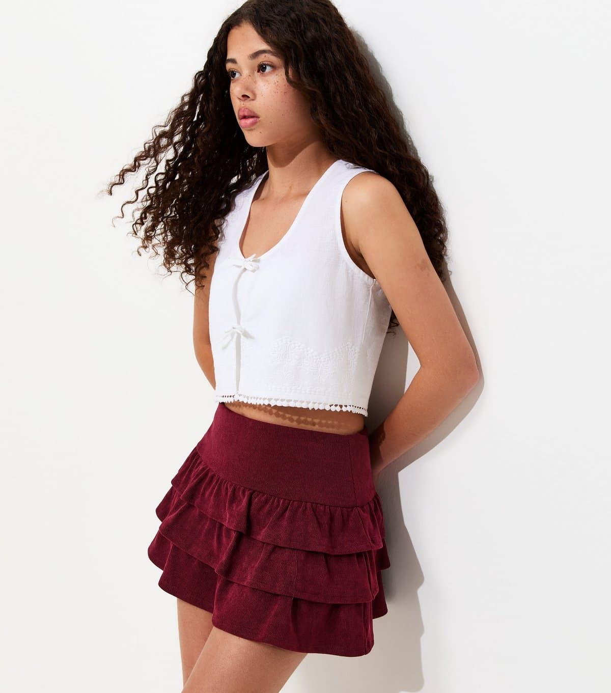 New Look Girls' Dark Burgundy Corduroy Three Tier Rara Skort New Look